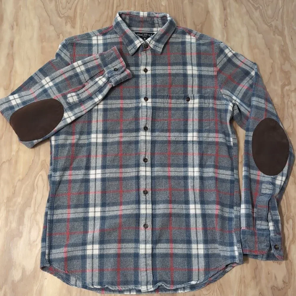 J. CREW Mercantile Flex Men's Med Navy Blue‎ & Red Gray Plaid Shirt Elbow Pads